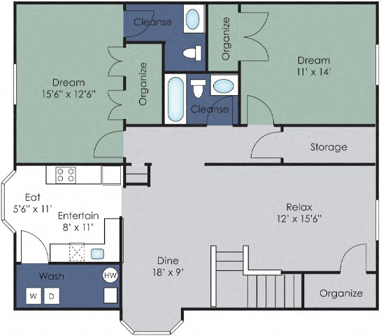 Floor plan for 2 beds, 1.5 baths, 1230 sqft